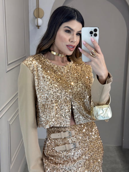 CONJUNTO SHINE GOLD - CASACO COM SAIA