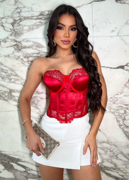 CORSELET CETIM COM DETALHES EM RENDA RED